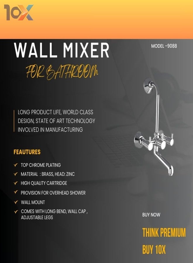 10X Brass Wall Mixer 2 IN 1 For Bathroom WM-9088 with Provision for Overhead Shower with Long Bend Pipe Chrome Finish - Image 2